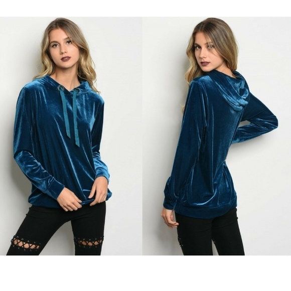 NEW Teal Blue Velvet Hoodie - Picture 1 of 5